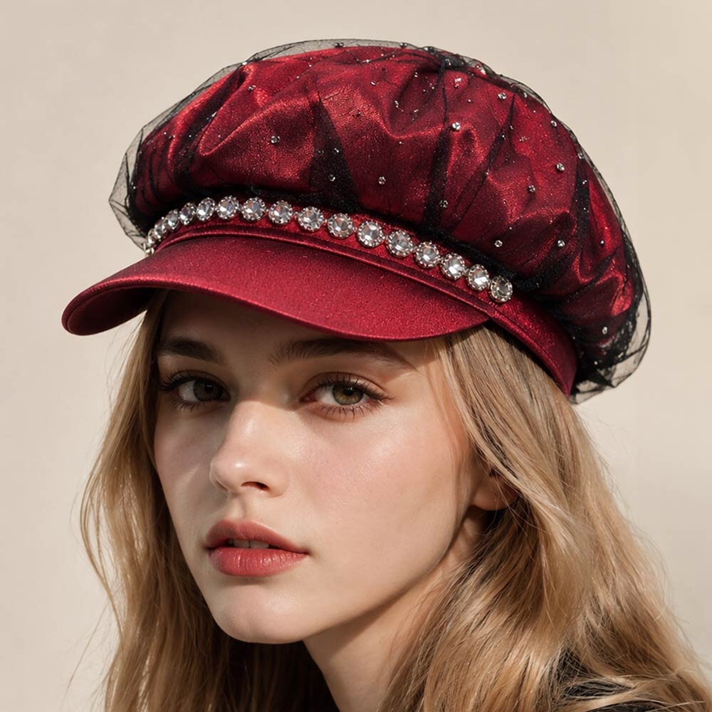 Red or Black Rhinestone Mesh Newsboy Cap - Women Accessories